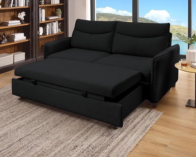 THSUPER 75‘’ Queen Size Sofa Bed Loveseat Sleeper Sofa with Pull Out Bed Convertible Small Sleeper Couch Bed for Living Room/RV/Apartment (Black) | 3 in 1 sofa bed adjustable backrest