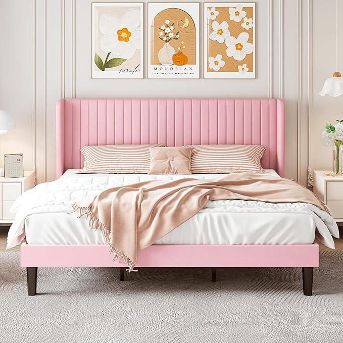 SHA CERLIN King Size Velvet Bed Frame with Vertical Channel Tufted Wingback Headboard Upholstered Platform Bed with Wood Slats No Box Spring Needed Easy Assembly Pink