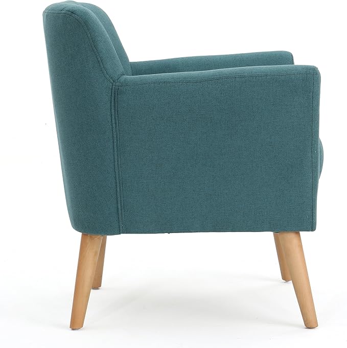 Mid-Century Accent Chairs Modern Upholstered Living Room Chair Cozy Armchair with Wood Legs for Bedroom/Office/Cafe/Living Room (Teal + Linen)