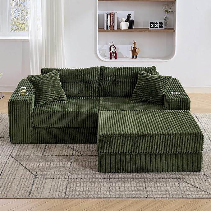 TYBOATLE Modular Cloud Sofa Loveseat with Ottoman Modern Corduroy Boneless Sectional Foam Couch with Deep Seats Convertible Sleeper Sofa Bed for Living Room No Assembly (Forest Green 2 Seat)