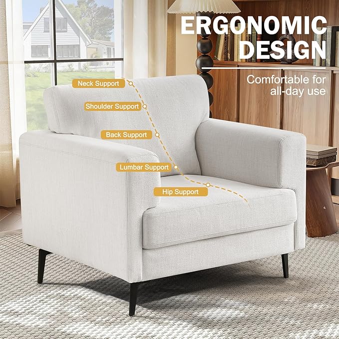 Oversized Accent Chair Upholstered Living Room Chairs Single Sofa Chair w/Metal Legs Comfy Linen Fabric Reading Lounge Armchair for Apartment Bedroom Office Cream 1PC
