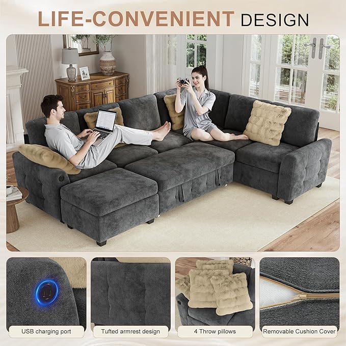 Hanherry Sectional Couch with Pull Out Sofa BedChenille Sleeper Sofa with Storage Ottoman &amp USB ChargingComfy L Shaped Modular Couches for Living RoomApartment
