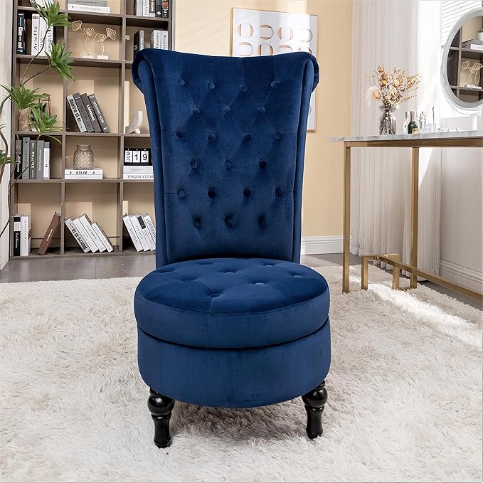 Royal High-Back Velvet Accent Chair for Vanity with Storage and Luxurious Upholstery Retro Design and Versatile Usage for Living Room Bedroom Lounge and Office Dark Blue