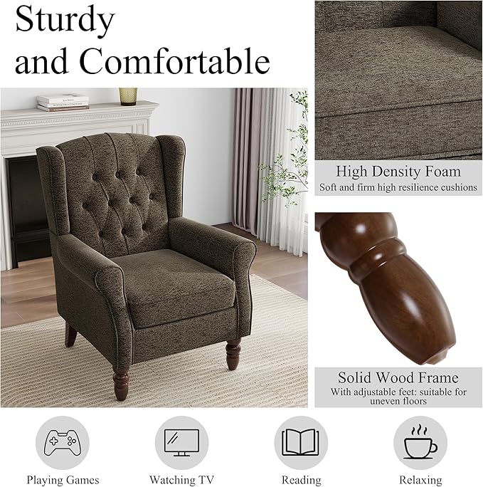 Pia Ricco High Back Floral Accent Chair - Retro Wingback Upholstered Armchair with Nailhead Trim Solid Wood Legs Fabric Living Room Bedroom Reading Chair (Taupe)