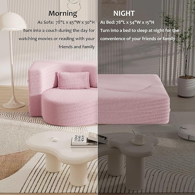 Hommoo Convertible Sleeper Sofa Bed Futon Sofa Folding Mattress Couch Full Size Teddy 2 in 1 Compression Floor Lounge Couch High Density Foam for Living Room/Guest Room/Apartment Pink
