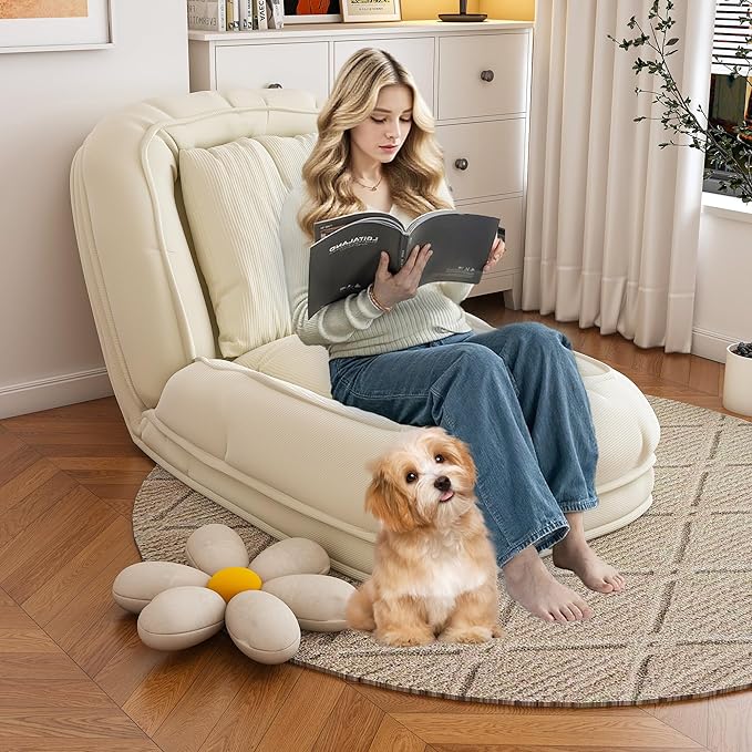 Human Dog Bed for Adults and Pets Upholstered Foldable Lazy Sofa Bed with 5 Adjustable Positions Corduroy Floor Sofa Bed with 2 Pillows Convertible Recliner for Living Room Reading Corner