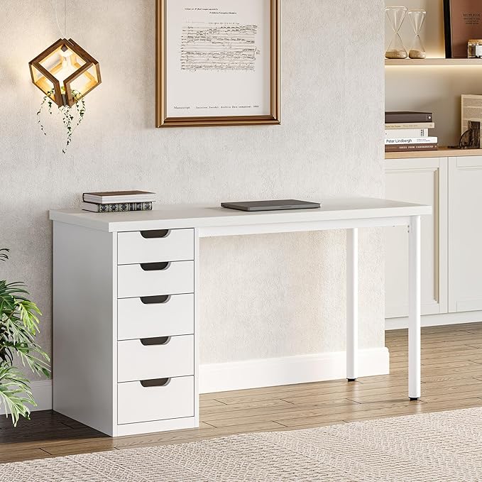 LITTLE TREE Computer Desk with 5 Drawers 47 Inch White Modern Simple Study Writing Desk with Metal Frame Work Desk for Home Office