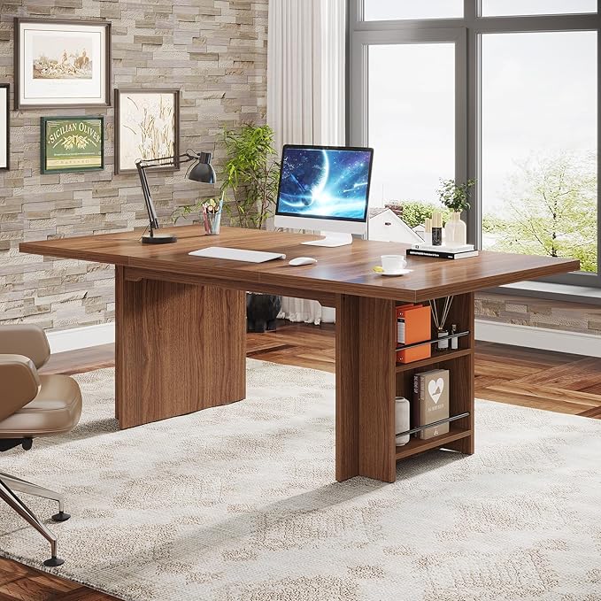 Tribesigns 62.99-Inch Computer Desk Modern Executive Office Desk Large Long Writing Table with Storage Shelves for Office Study Room (Brown)