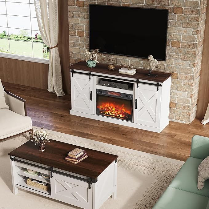 WLIVE Farmhouse Electric Fireplace TV Stand for TVs up to 65 Entertainment Center with Sliding X-Shaped Barn Door &amp Storage Cabinet Media TV Console with 23 Fireplace for All Seasons White
