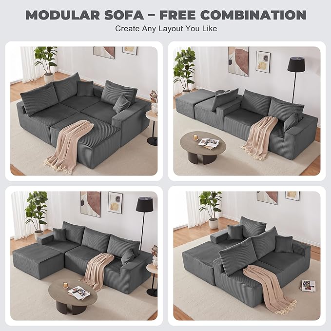 107 Modular Sectional Sofa L-Shaped Boneless Couch with Deep Seat Cozy Cloud Couch Sectional with Convertible Ottoman Modern Sectional Couches for Living Room No Assembly Darkgray