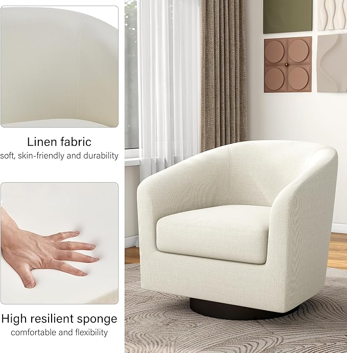 Swivel Barrel Accent Chair Modern Round Linen Arm Chair for Living Room Bedroom Comfy Club Reading Chairs for Adults（Linen Fabric Beige Set of 2