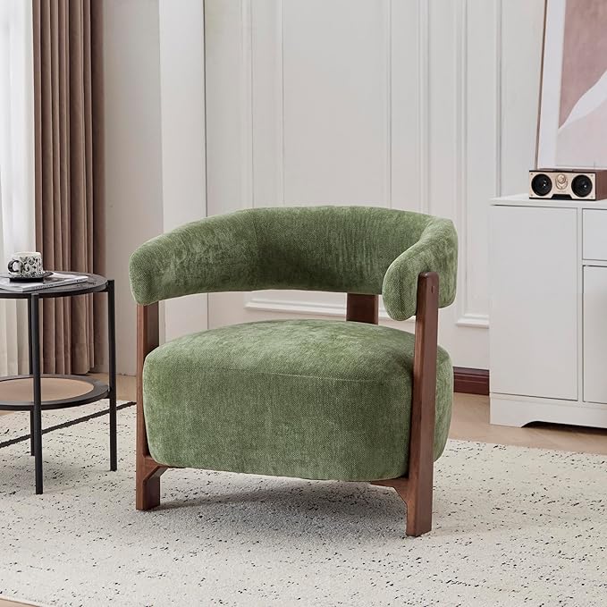 Christopher Knight Home Zax Modern Accent Chair for Living Room Upholstered Lounge Chair Indoor with Wooden Frame Comfy Reading Seating with 3 Legs Design Armchair with Cushion Green + Walnut