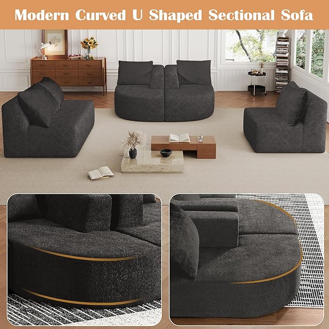 144 Boneless Couches for Living Room Modern U Shaped Sectional Couch with Chaise Lounge Comfy Deep Seat Cloud Sofa No Assembly Required (Dark Grey)