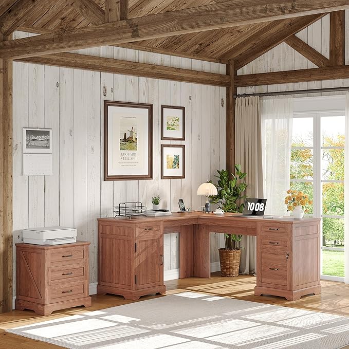 Whalefall Farmhouse L Shaped Desk with Drawers 67 Inch Executive Home Office Desk with File Cabinet Computer Corner Desk with Charging Station Cherry Brown