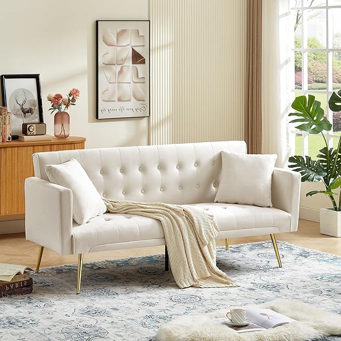 Anwick Modern Velvet Futon Sofa Bed: 72 Satin Convertible 2 Pillows Tufted Back Golden Metal Legs Folding Sleeper Loveseat for Small Space Home Office Living Room (Beige)