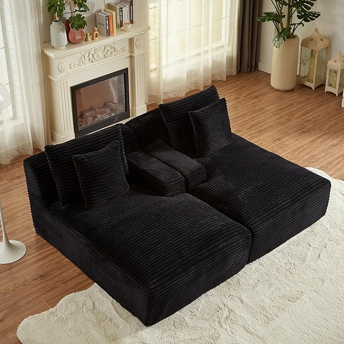 Oversized Double Chaise Lounge Loveseat Cozy Cloud Couch Fluffy Corduroy Upholstered Sleeper Sectional Sofa Lounger Daybed with Throw Pillows and Wide Armrest for Living Room No Assembly Required