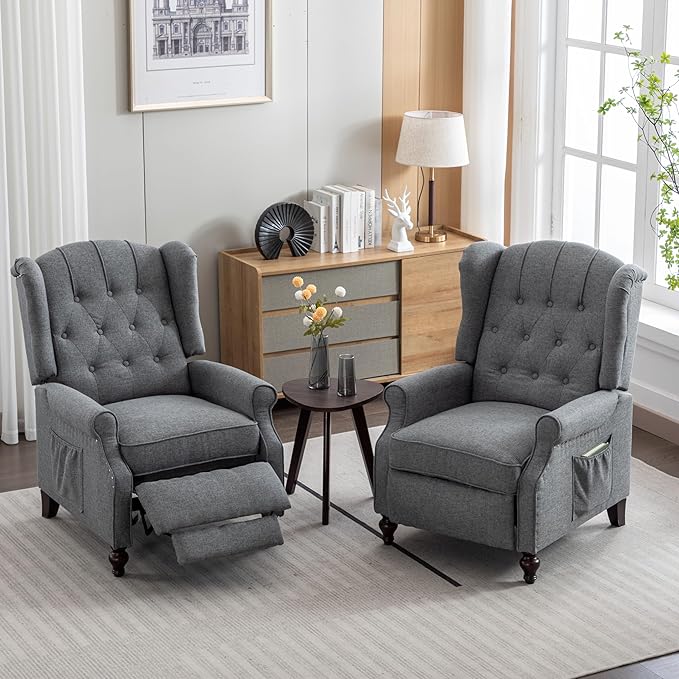 Push Back Recliner Mid-Century Modern Accent Chair Reading Chairs Set of 2 Tufted Fabric Arm Chair for Living Room w/Heat Massage/Side Pockets (2 PC Gray)