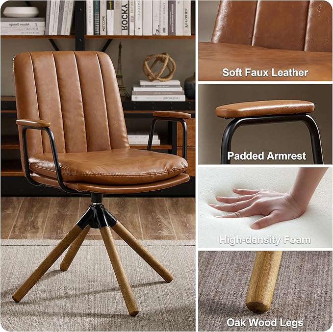 Art Leon Desk Chair No Wheels Set of 2 Mid Century Modern Swivel Chair with Oak Wood Legs Faux Leather Home Office Desk Chairs for Bedroom Living Room Yellow Brown