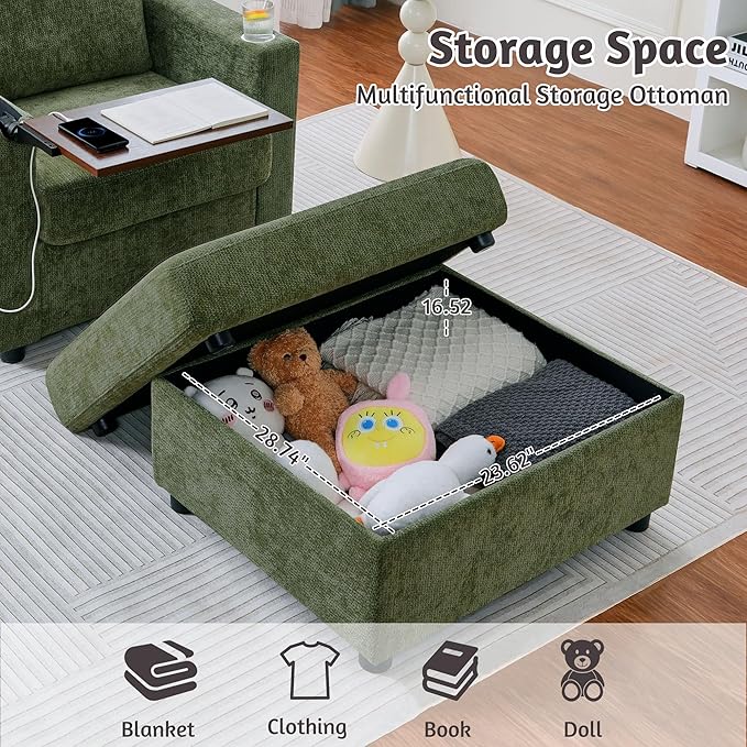 34.25 Accent Chairs with Storage Ottoman Set Upholstered Living Room Chairs for Reading Chair with Chaise Lounge Chairs Indoor Comfortable Armchair for Bedroom (Green 34.25)