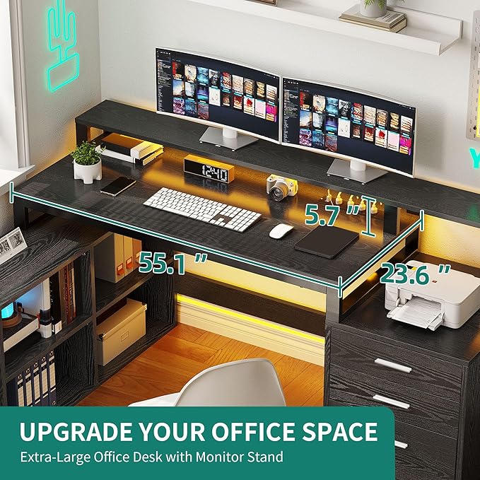 YITAHOME L Shaped Desk with 3 Drawers 65 Corner Computer Desk with Power Outlets &amp LED Lights L-Shaped Desk with File Cabinet &amp Printer Stand for Home Office Black