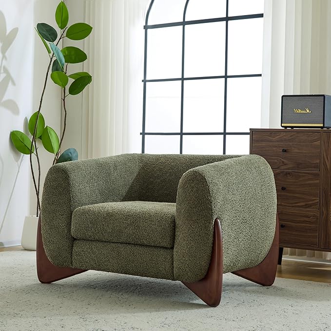 Christopher Knight Home Holly Modern Boucle Fabric Upholstered Club Chair for Living Room Home Office Apartment Relaxing Chair with Removable Cushion and Birch Wood Legs Olive Green+Walnut