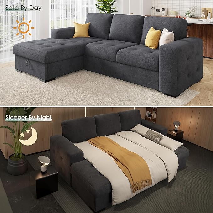VanAcc 96 Sleeper Sofa Sofa Bed Couch with Storage Chaise Sleeper Couch with Pull Out Bed for Living Room(Grey)
