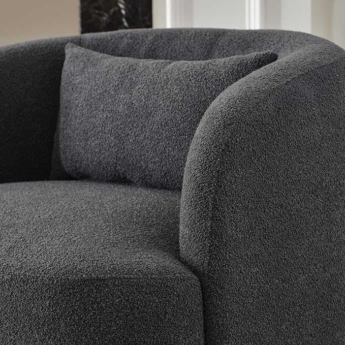KINWELL 34 Wide Boucle Swivel Barrel Chair No Assembly Round Upholstered Armchair Accent Chair Single Sofa Chair with Toss Pillow for Living Room and Bedroom Dark Grey