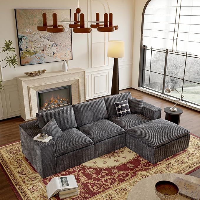 108 Boneless Compression Sectional Sofa L-Shape Interchangeable Chaise Deep Seat with High-Resilience Foam Soft Corduroy Upholstery No Assembly Needed for Living Room Bedroom