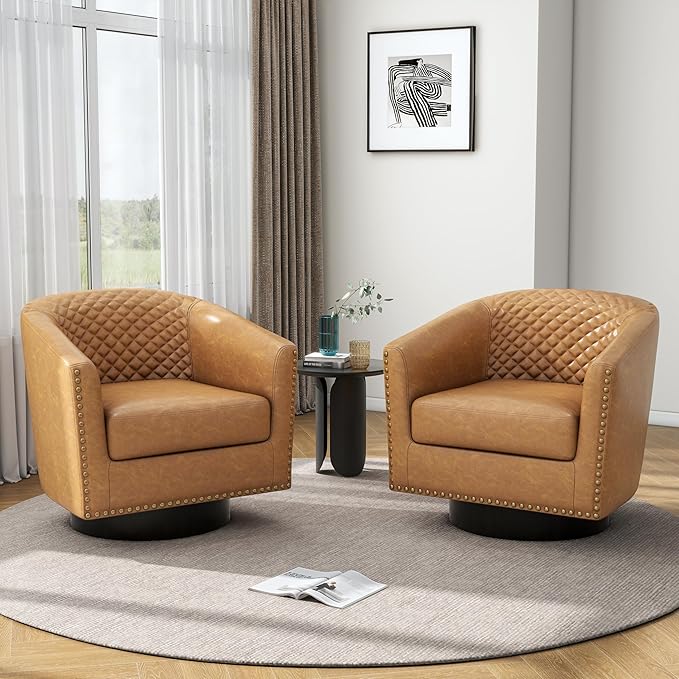 Pia Ricco Faux Leather Swivel Barrel Accent Chairs 360° Swivel Round Single Sofa Chair Comfy Upholstered Club Armchair with Nailhead Trim for Living Room/Reading Room/Bedroom Coffee