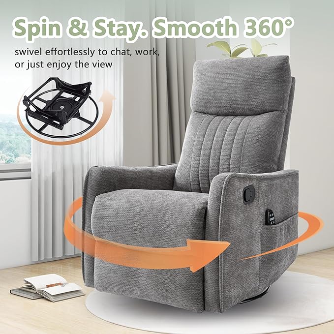 cinkehome Heated Massage Swivel Rocker Recliner Chair for Nursery - Small Space Reclining Chair with Lumbar Support 360° Swivel &amp Gentle Rocking Ergonomic High Back Chenille Fabric Gray
