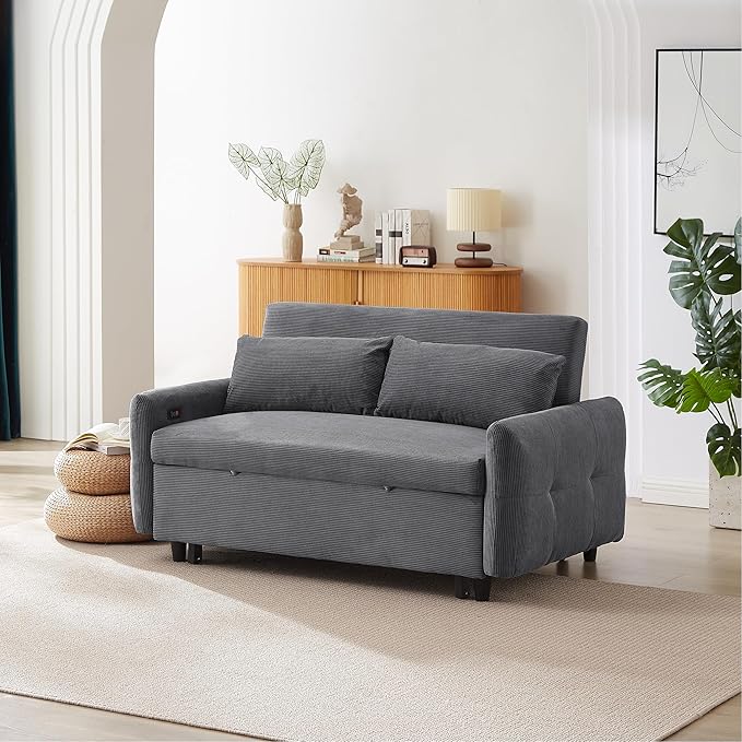 Merax 57.48 Loveseat Sofa Couch with Pull Out Bed 3 in 1 Convertible Corduroy Fabric Sleeper Sofa Bed with USB Ports and 2 Soft Pillows for Apartment Office Living Room (Drak Grey)