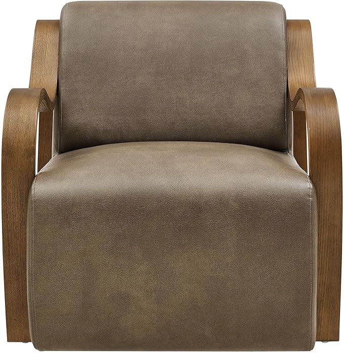 Modway Atrium Vegan Leather Upholstered Lounge Chair in Mushroom with Sculptural Bentwood Arms – Mid-Century Modern Accent Armchair for Living Room or Bedroom