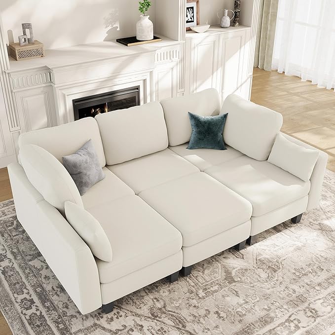 Sectional Sleeper Sofa 6 Seaters Modular Sleeper Sofa Couch Comfy Sectionals Couches Bed Convertible Sofas with Ottomans Modular Sectional Couches for Living Room Beige