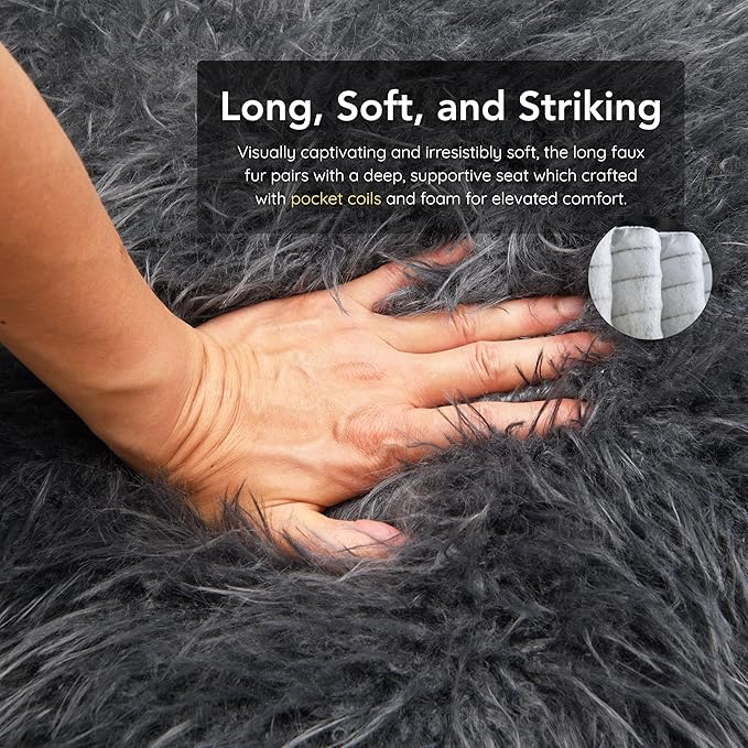 Furniture of America Ramos Modern Accent Chair with Ultra Soft Faux Fur Long-Haired Accent Sofa Tight Seat and Back Single Couch Fluffy Living Room Seating No Assembly Needed Charcoal Gray