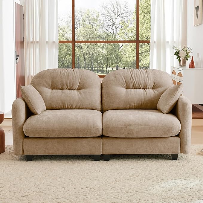 JULYFOX Button Tufted Fabric Couch 8 inch Overstuffed 24 inch Extra Deep Seat Button Tufted Back Mid Century Mordern Sectional Sofa Ottoman for Small Spaces (Camel)
