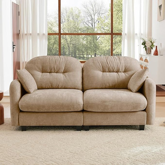 JULYFOX Button Tufted Fabric Couch 8 inch Overstuffed 24 inch Extra Deep Seat Button Tufted Back Mid Century Mordern Sectional Sofa Ottoman for Small Spaces (Camel)