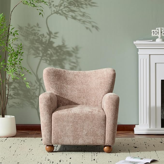 Christopher Knight Home Lindy Wingback Accent Chair Upholstered Armchair with Rounded Wooden Legs Curved Backrest Single Sofa Soft Cushion Seating Comfy Lounge Chair for Living Room Beige Brown