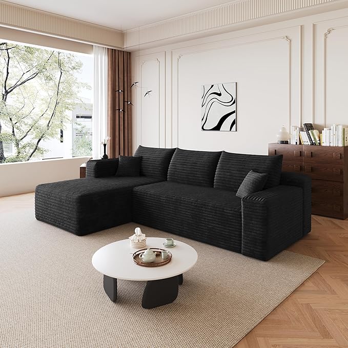 96 Boneless Cloud Modular Sectional Sofa – L-Shape Corduroy CouchDeep Seating Comfort No Assembly Ideal for Apartments &amp Small Living Rooms (BlackLeft Facing)