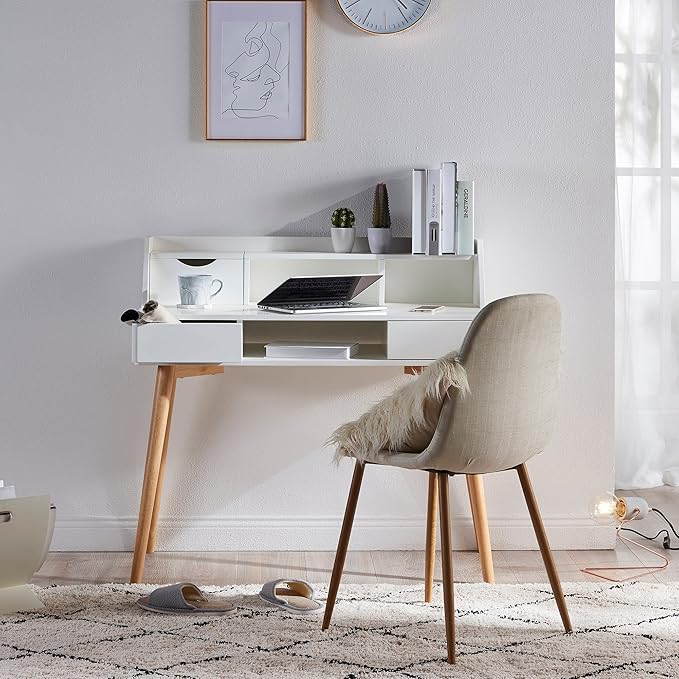 Teamson Home Creativo Writing Study Computer Desk with Solid Wood Legs Storage Drawers and Open Shelves Hutch for Home Office Living Room Reading Bedroom 37 inch Height White