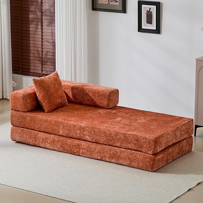 Convertible Couch Sofa Bed Foldable Floor Sleeper | Modern Fold Out Couch | Removable Backrest &amp Armrests | No Assembly Compression Sofa Sleeper for Living Room Bedroom | Orange Chenille