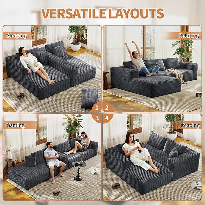 107 Modular Sectional Couches for Living Room Comfy L-Shaped Boneless Cloud Couch with Chaise Modern Deep Seat Corduroy Floor Sofa No Assembly Required (Left Facing Chaise Grey) | High-density sp