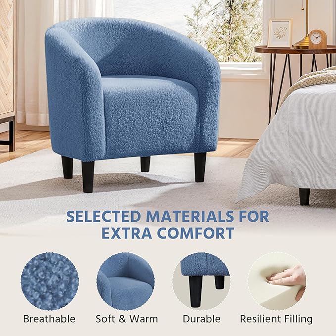 Yaheetech Accent Barrel Chair Boucle Fabric Club Chair Furry Sherpa Elegant Armchair with Cozy Soft Padded Suitable for Living Room Bedroom Reception Room Office Blue