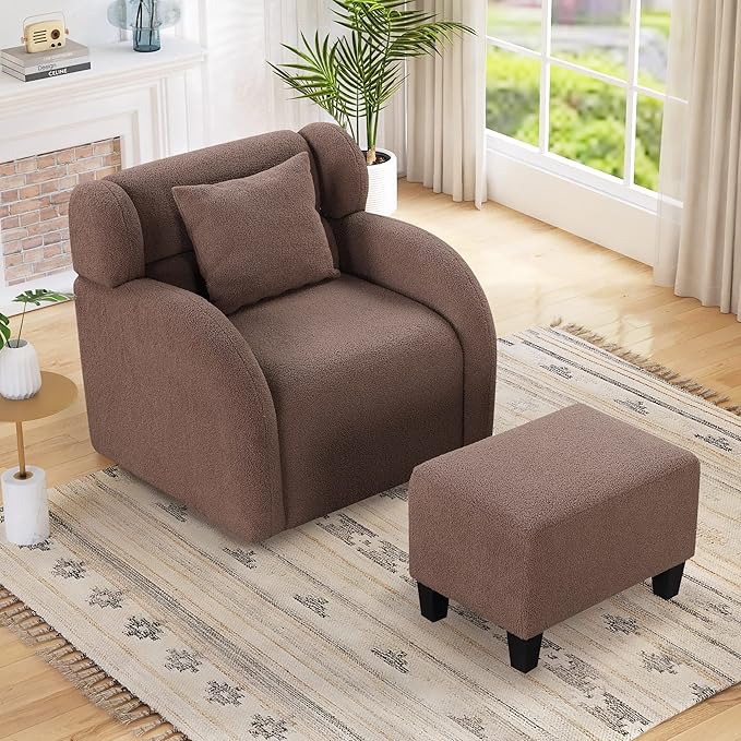 Swivel Accent Chair with Ottoman Teddy Short Plush Particle Velvet Armchair360 Degree Swivel Barrel Chair with Footstool for Living Room Hotel Bedroom Office LoungeBrown