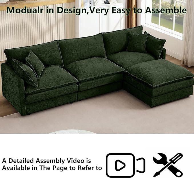 102 L-Shaped Sofa for Living RoomModular Sectional Cloud Sofa Couch with OttomanModern Chenille 3 Seater Sofas with Deep SeatSmall L Shaped Couches for Bedroom
