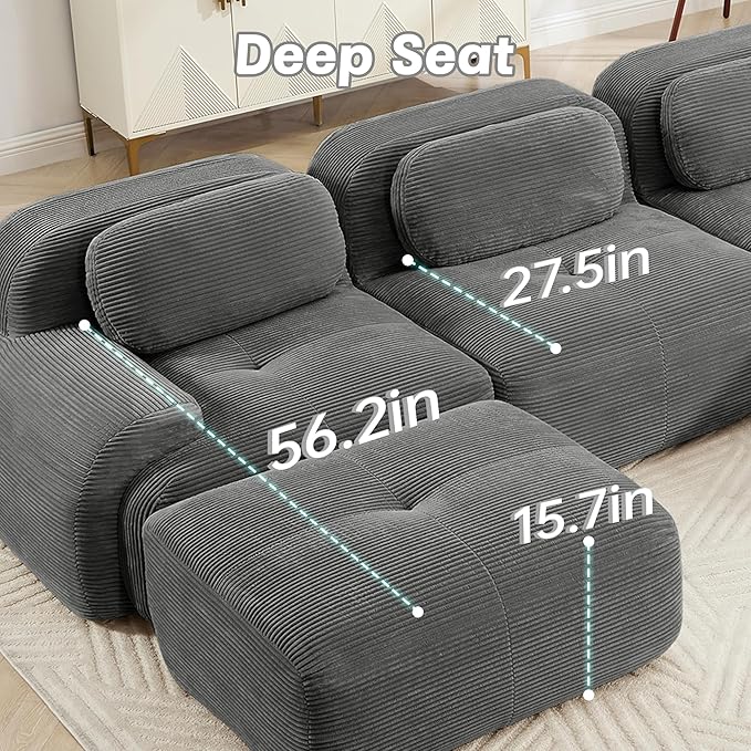 116.1 Modular Sectional Sofa Boneless Cloud Couch 3-Seater Deep Seat Cloud Couch Luxury Corduroy Fabric Sofa for Living Rooms Bedrooms Apartment (Grey 116.1inch+2Ottoman)