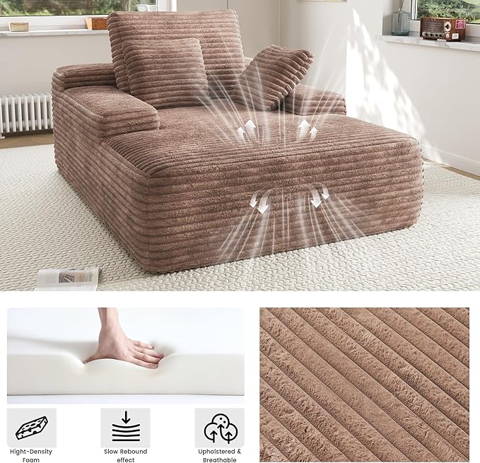 67'' Chaise Lounge Chair Indoor Oversized Boneless Sofa Bed Fluffy Corduroy Sleeper Sofa for Apartment Bedroom Living Room Comfy Cloud Boneless Couch Reading Recliner No Assembly Brown