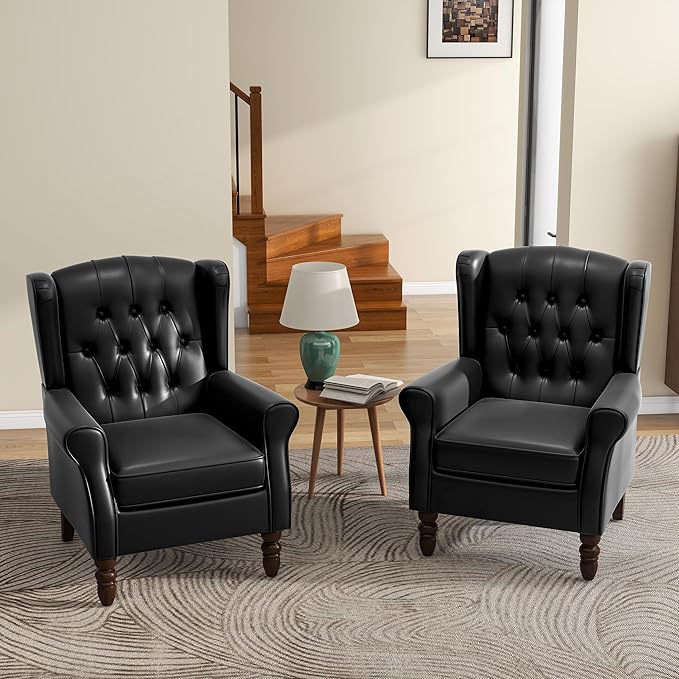 UIXE Faux Leather Accent Chairs Set of 2 High Back Upholstered Armchair for Living Room Wingback Chair Comfy Single Sofa Bedroom Reading Seat with Solid Wood Legs - Black