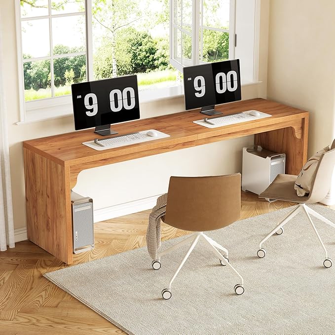 LITTLE TREE Two Person Desk 78.7 Inches Extra Long Computer Desk Wooden Brown Office Double Desk for 2 People Large Rectangular Writing Study Simple Desk Workstation for Home Office