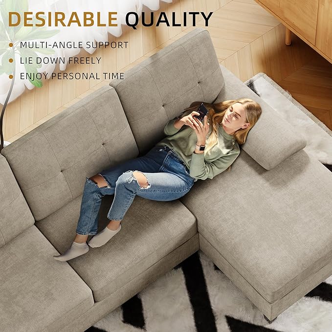 JAMFLY 107 U-Shaped Modern Sofa Modular Sectional Cloud Couch with Chaise 4-Seat Deep Seat Sofa for Living Room Bedroom and Apartment Khaki