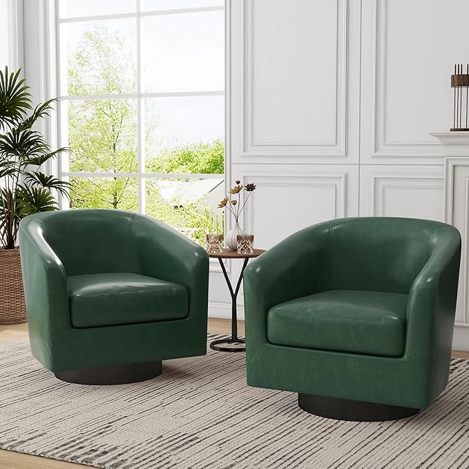 UIXE 360° Swivel Barrel Accent Chair Armchair PU Leather Round Club Arm Chair for Lving Room Modern Upholstered Small Bedroom Single Sofa Seat - Green Set of 4